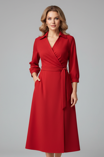Women's collared wrap midi dress with three-quarter sleeves and tie waist