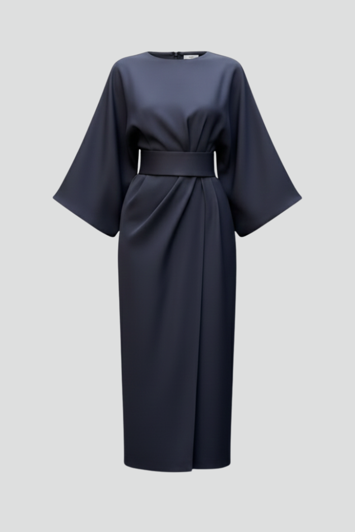 Women's Midi Dress with Wide Sleeves & Waist Belt – Elegant Flowing Occasion Dress 1