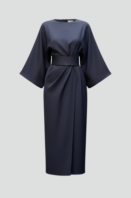 Women's Midi Dress with Wide Sleeves & Waist Belt – Elegant Flowing Occasion Dress 1