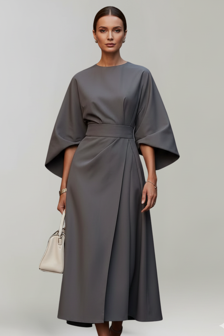 Women's Midi Dress with Wide Sleeves & Waist Belt – Elegant Flowing Occasion Dress 10