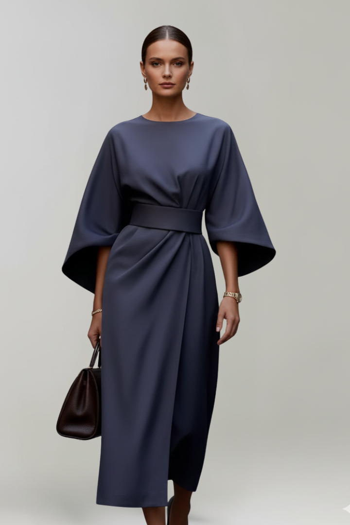 Women's Midi Dress with Wide Sleeves & Waist Belt – Elegant Flowing Occasion Dress 2