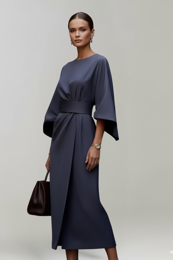 Women's Midi Dress with Wide Sleeves & Waist Belt – Elegant Flowing Occasion Dress 3