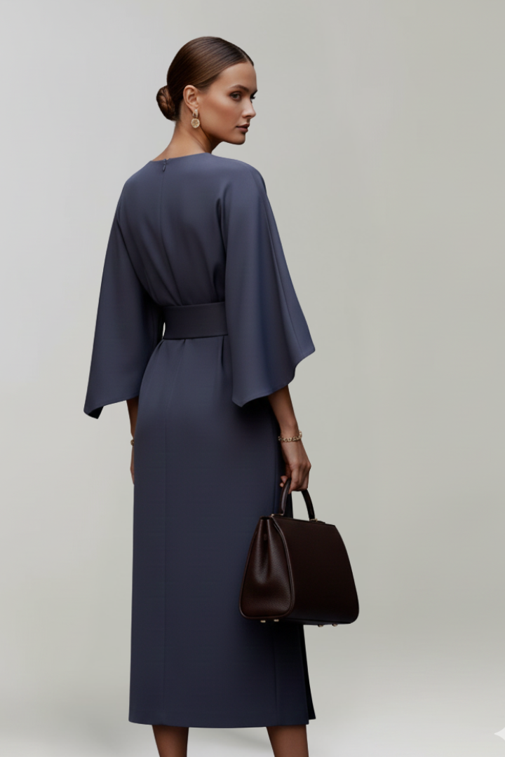 Women's Midi Dress with Wide Sleeves & Waist Belt – Elegant Flowing Occasion Dress 4