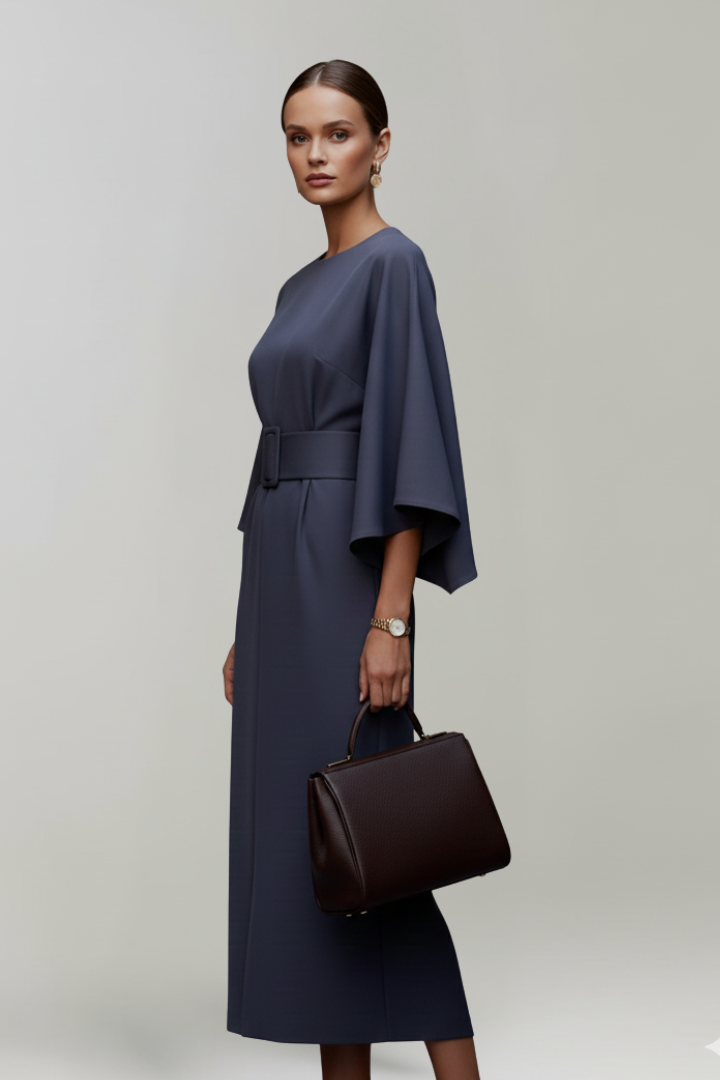 Women's Midi Dress with Wide Sleeves & Waist Belt – Elegant Flowing Occasion Dress 5