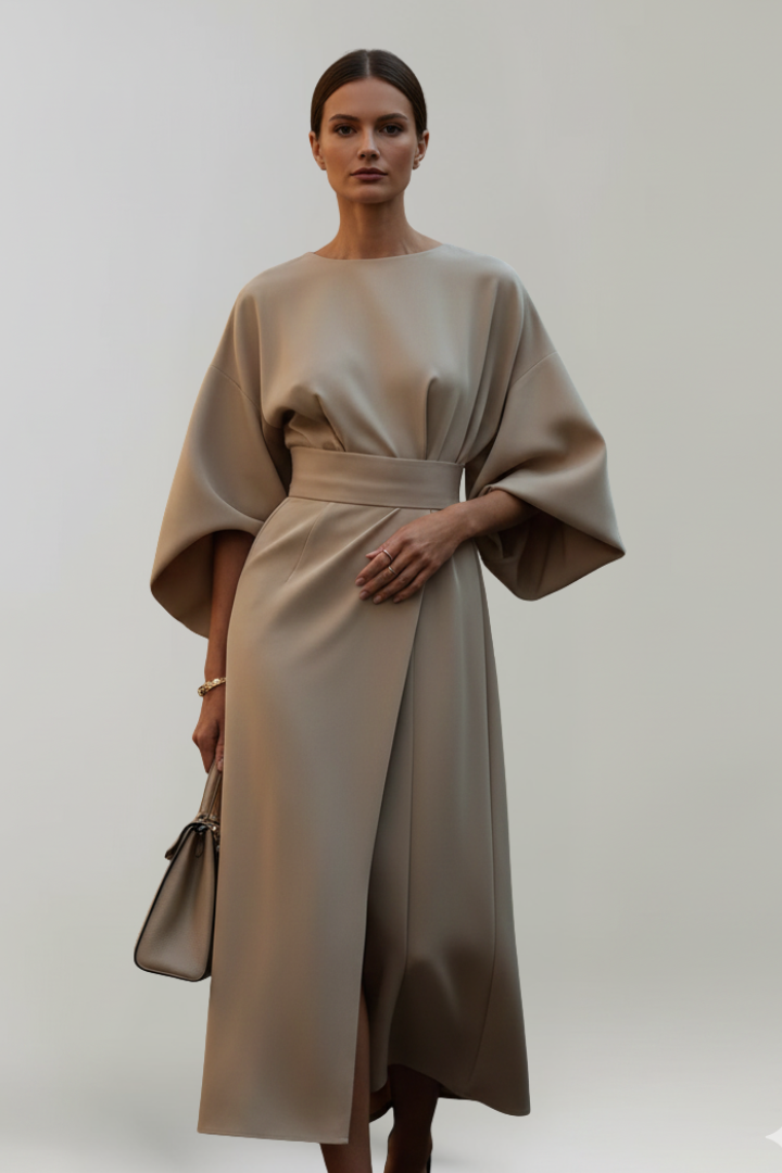 Women's Midi Dress with Wide Sleeves & Waist Belt – Elegant Flowing Occasion Dress 6