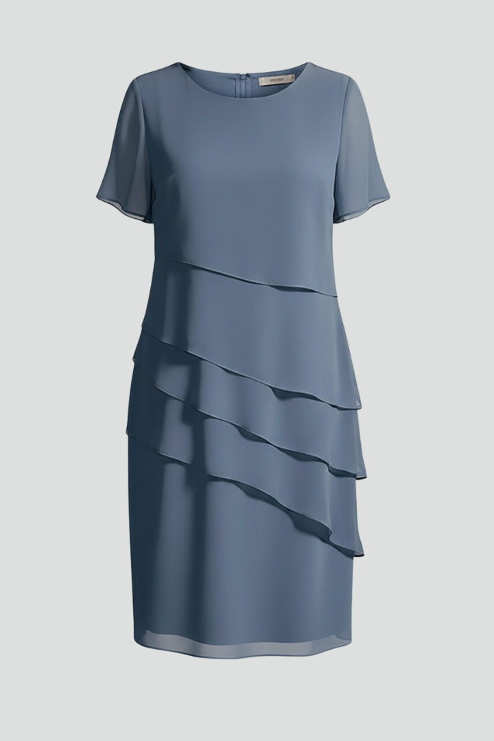 Women's Short-Sleeve Dress with Layered Front – Elegant Straight-Hem Day Dress 1