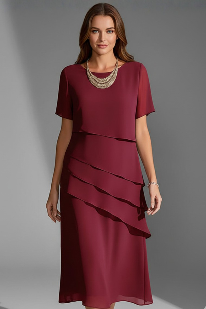 Women's Short-Sleeve Dress with Layered Front – Elegant Straight-Hem Day Dress 6