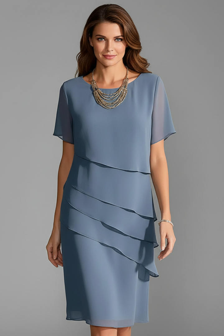 Women's Short-Sleeve Dress with Layered Front – Elegant Straight-Hem Day Dress 2