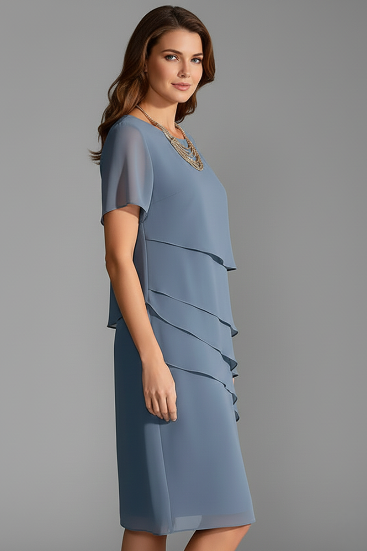Women's Short-Sleeve Dress with Layered Front – Elegant Straight-Hem Day Dress 3