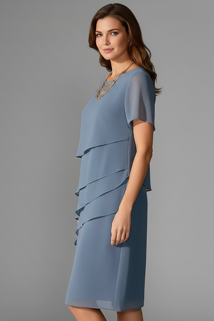 Women's Short-Sleeve Dress with Layered Front – Elegant Straight-Hem Day Dress 4