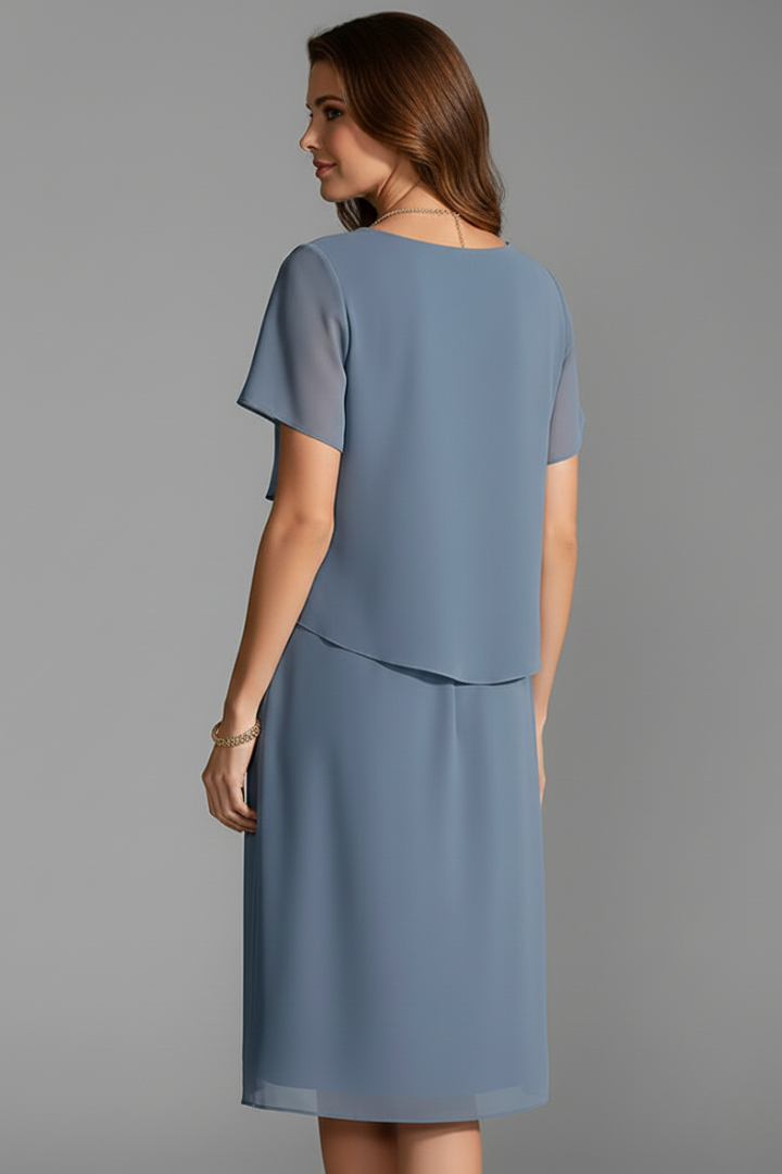 Women's Short-Sleeve Dress with Layered Front – Elegant Straight-Hem Day Dress 5