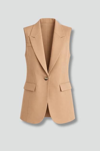 Women's sleeveless tailored blazer with notched lapels and flap pockets