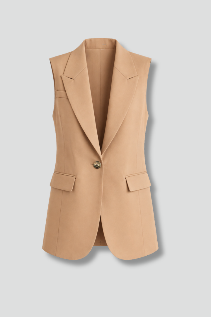 Women's sleeveless tailored blazer with notched lapels and flap pockets