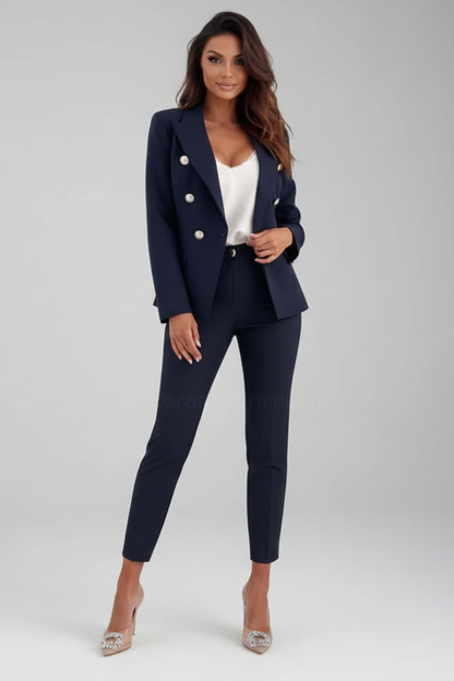 Women's Suit Set – Buttoned Tailored Jacket & Straight-Leg Trousers for Office 7