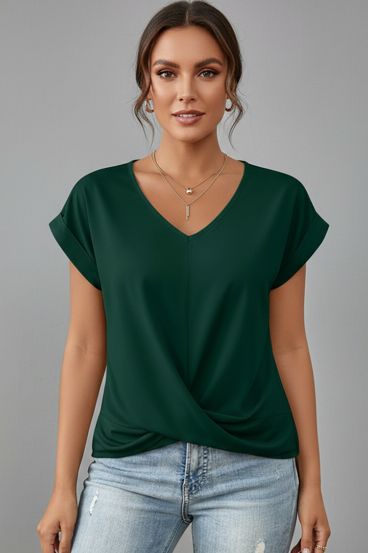 Women's V-Neck Short-Sleeve T-Shirt — Loose Gathered-Front Plain Summer Top