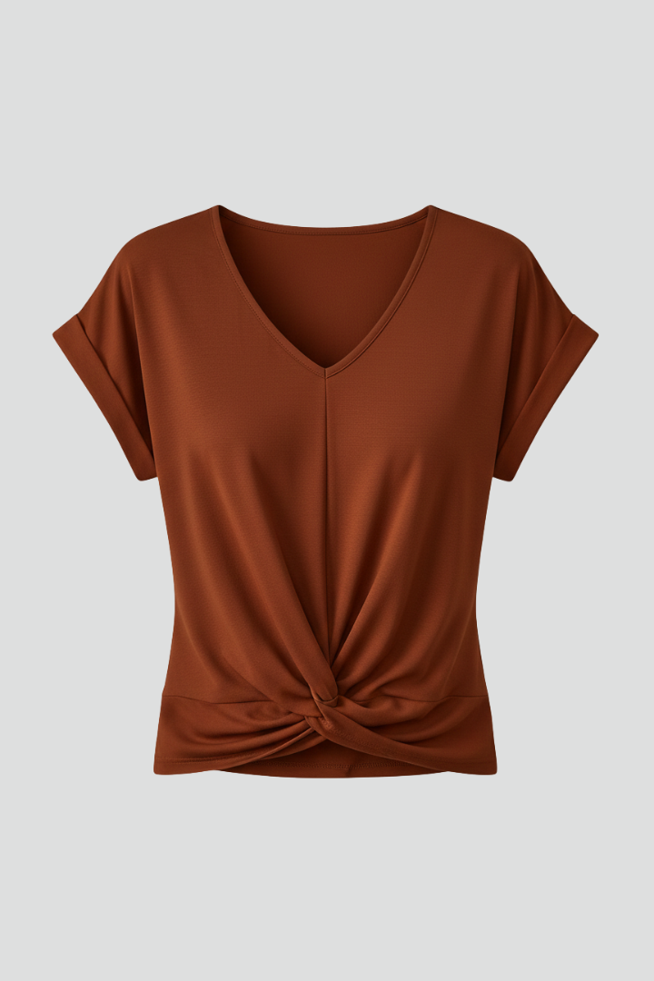 Women's V-Neck Short-Sleeve T-Shirt — Loose Gathered-Front Plain Summer Top