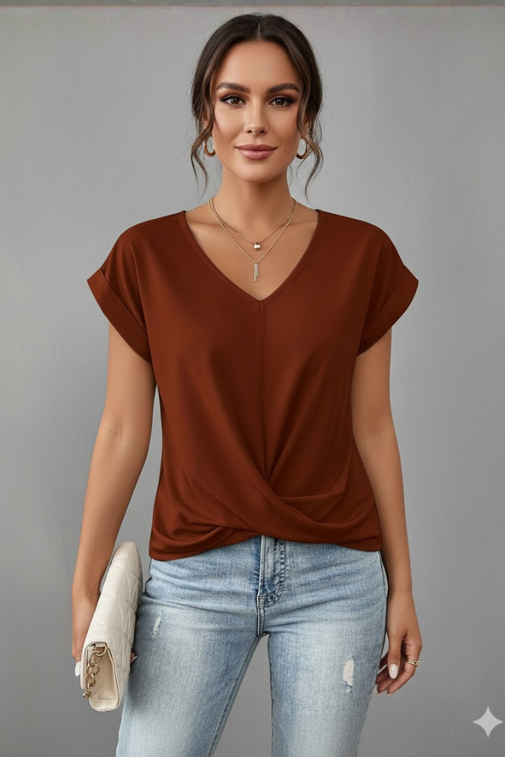 Women's V-Neck Short-Sleeve T-Shirt — Loose Gathered-Front Plain Summer Top