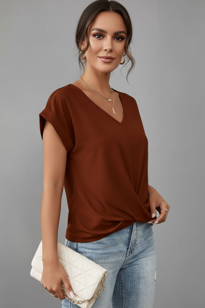 Women's V-Neck Short-Sleeve T-Shirt — Loose Gathered-Front Plain Summer Top
