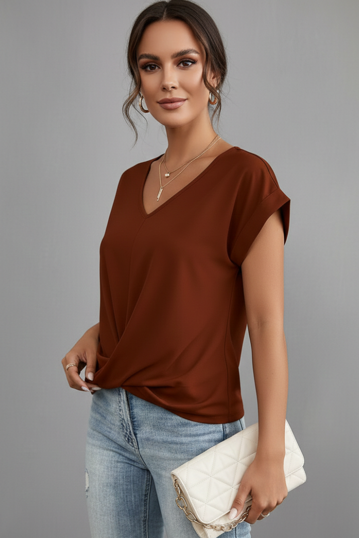 Women's V-Neck Short-Sleeve T-Shirt — Loose Gathered-Front Plain Summer Top