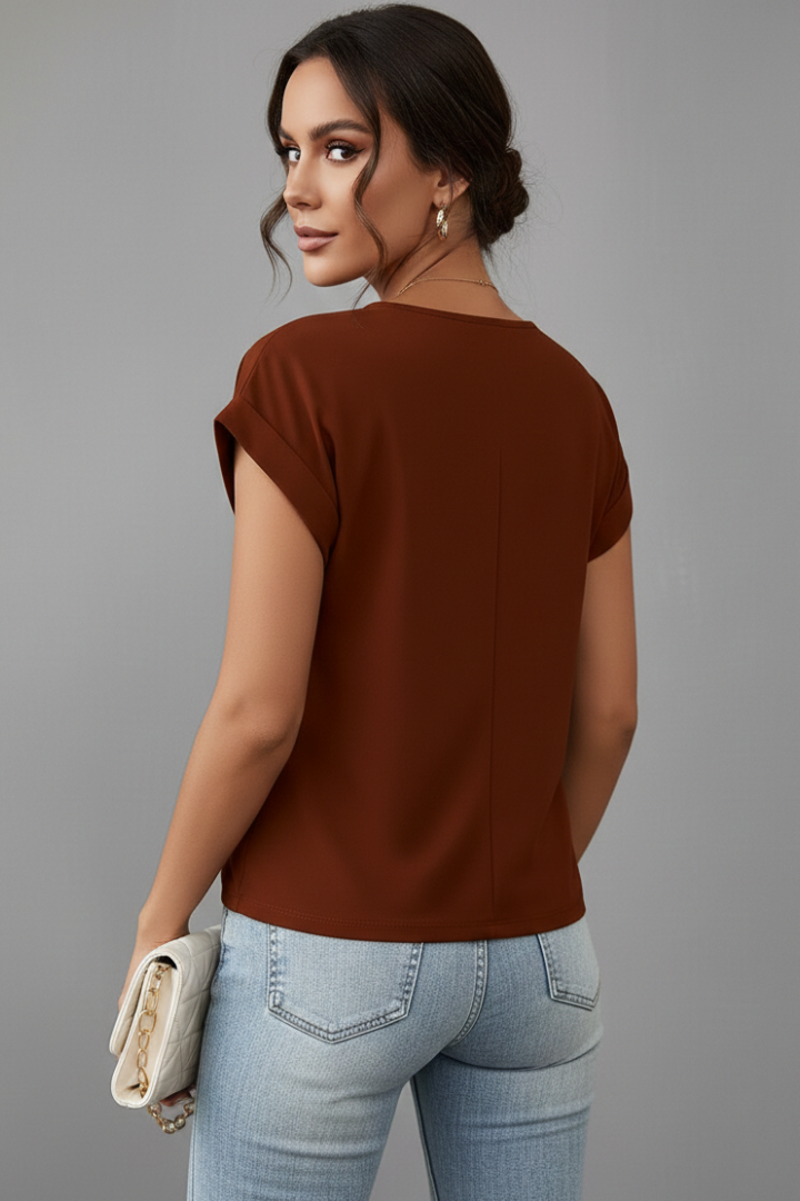 Women's V-Neck Short-Sleeve T-Shirt — Loose Gathered-Front Plain Summer Top
