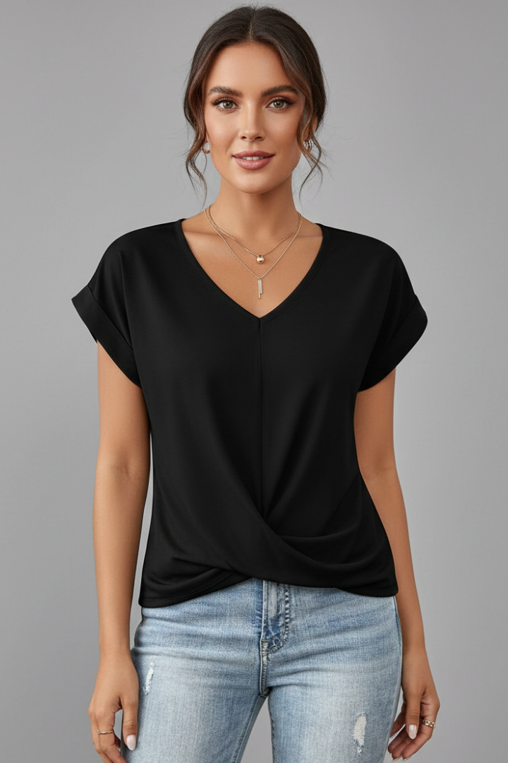 Women's V-Neck Short-Sleeve T-Shirt — Loose Gathered-Front Plain Summer Top