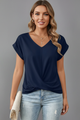 Women's V-Neck Short-Sleeve T-Shirt — Loose Gathered-Front Plain Summer Top