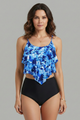Woman wearing a black ruffled tankini top with high-waist leopard print bottom