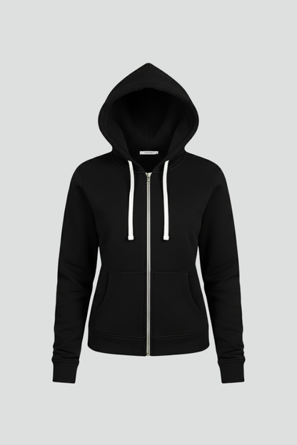 Women's black zip hoodie with drawstring hood and front pouch pockets