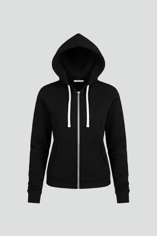 Women's black zip hoodie with drawstring hood and front pouch pockets