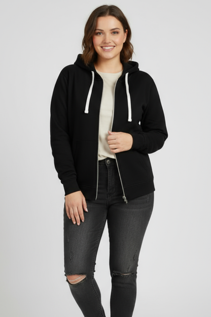 Women's black zip hoodie with drawstring hood and front pouch pockets