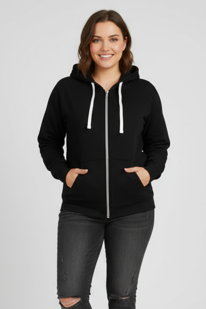 Women's black zip hoodie with drawstring hood and front pouch pockets