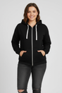Women's black zip hoodie with drawstring hood and front pouch pockets