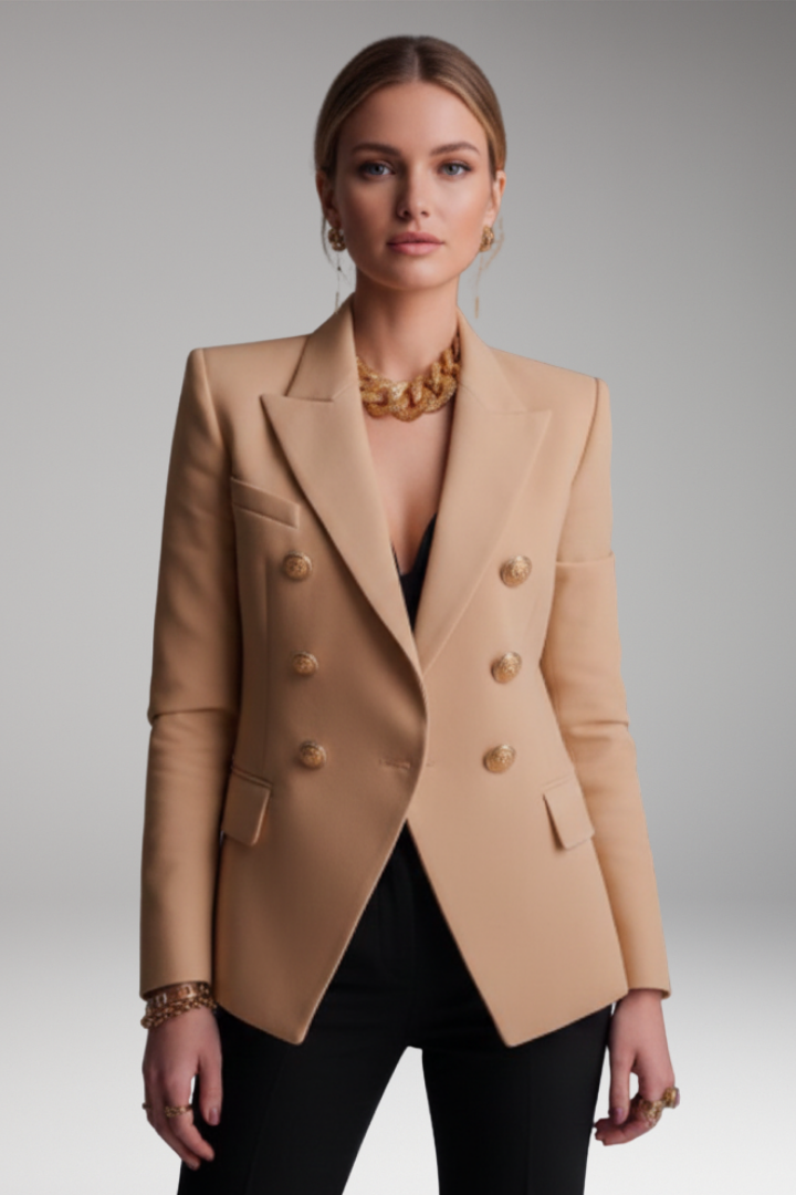 Women's structured double-breasted blazer with notched lapels and gold-tone buttons
