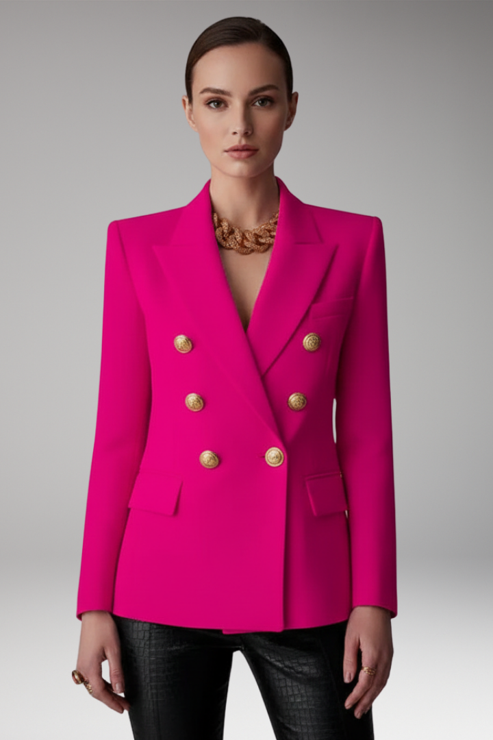 Women's structured double-breasted blazer with notched lapels and gold-tone buttons