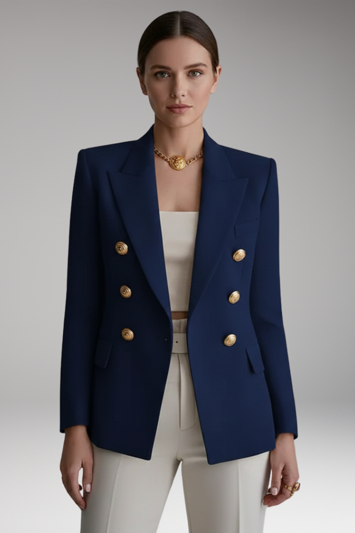 Women's structured double-breasted blazer with notched lapels and gold-tone buttons