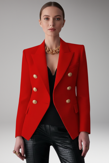 Women's structured double-breasted blazer with notched lapels and gold-tone buttons