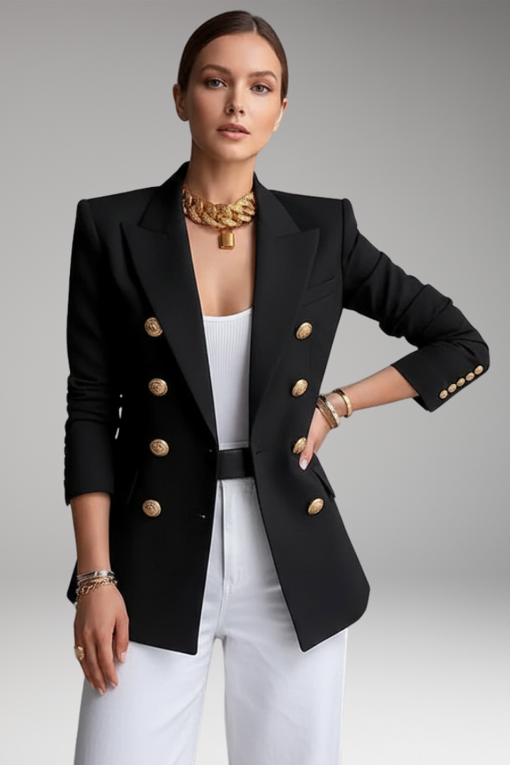 Women's structured double-breasted blazer with notched lapels and gold-tone buttons