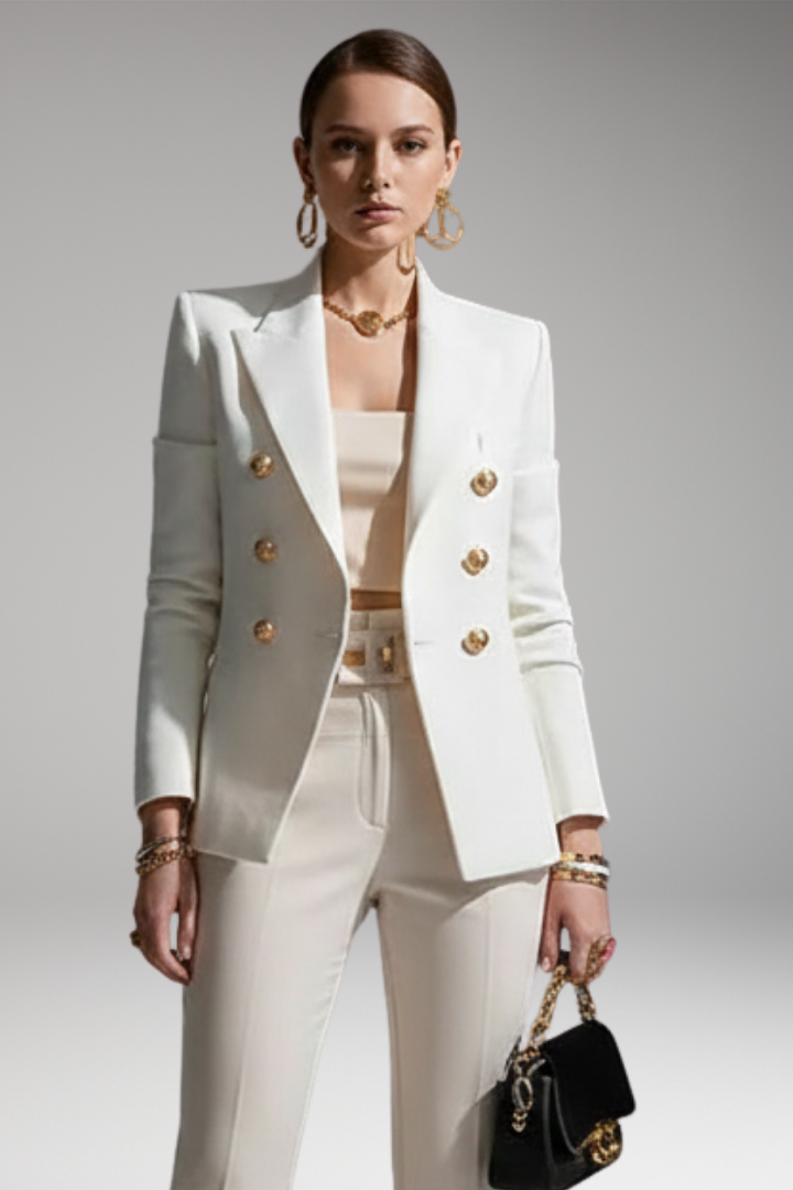 Women's structured double-breasted blazer with notched lapels and gold-tone buttons