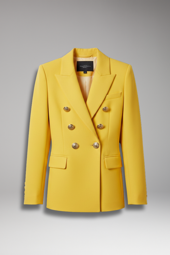 Women's structured double-breasted blazer with notched lapels and gold-tone buttons