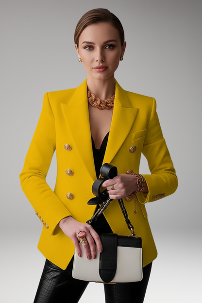 Women's structured double-breasted blazer with notched lapels and gold-tone buttons