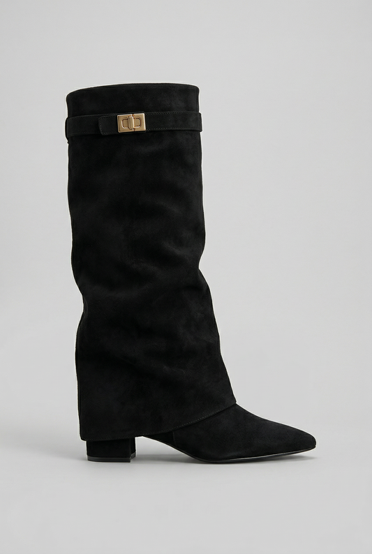 Women's knee-high boots with pointed toes, low block heels and buckle straps