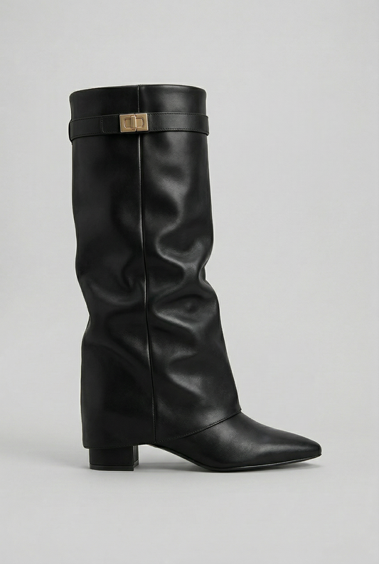 Women's knee-high boots with pointed toes, low block heels and buckle straps