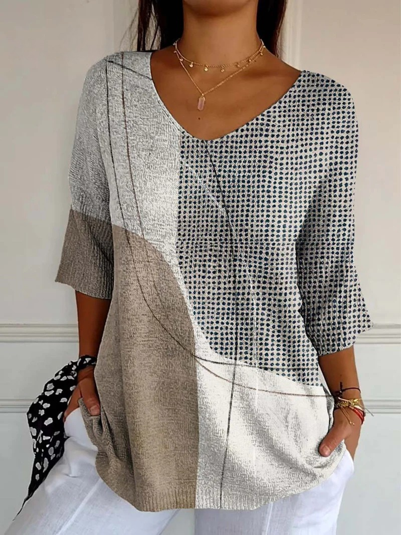 Women's abstract geometric colour block knit sweater with V-neck