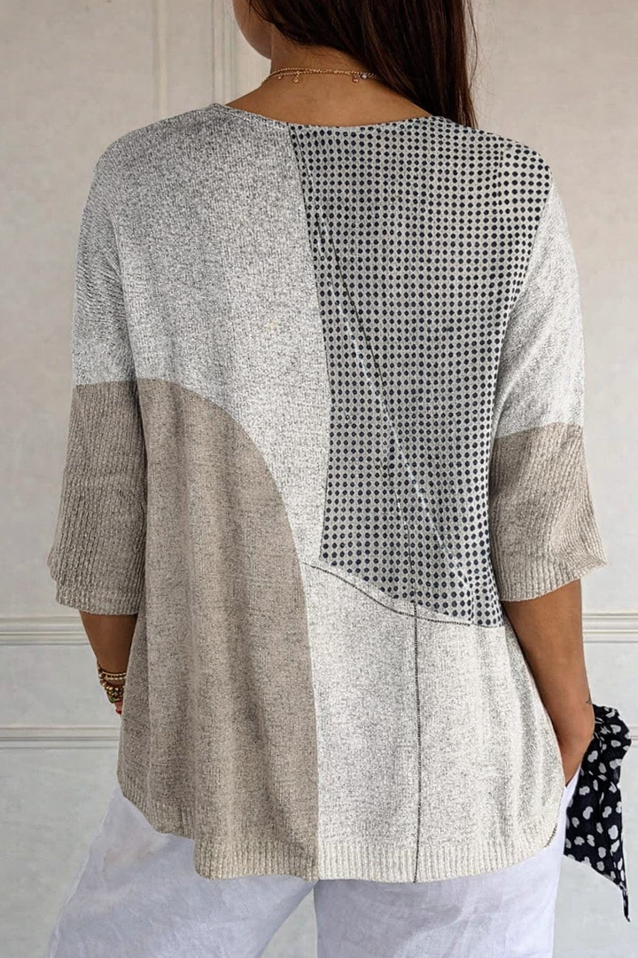 Women's abstract geometric colour block knit sweater with V-neck