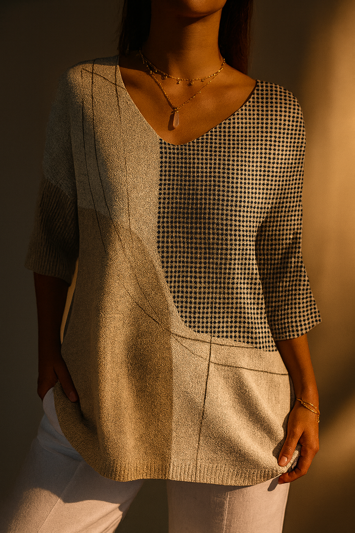 Women's abstract geometric colour block knit sweater with V-neck
