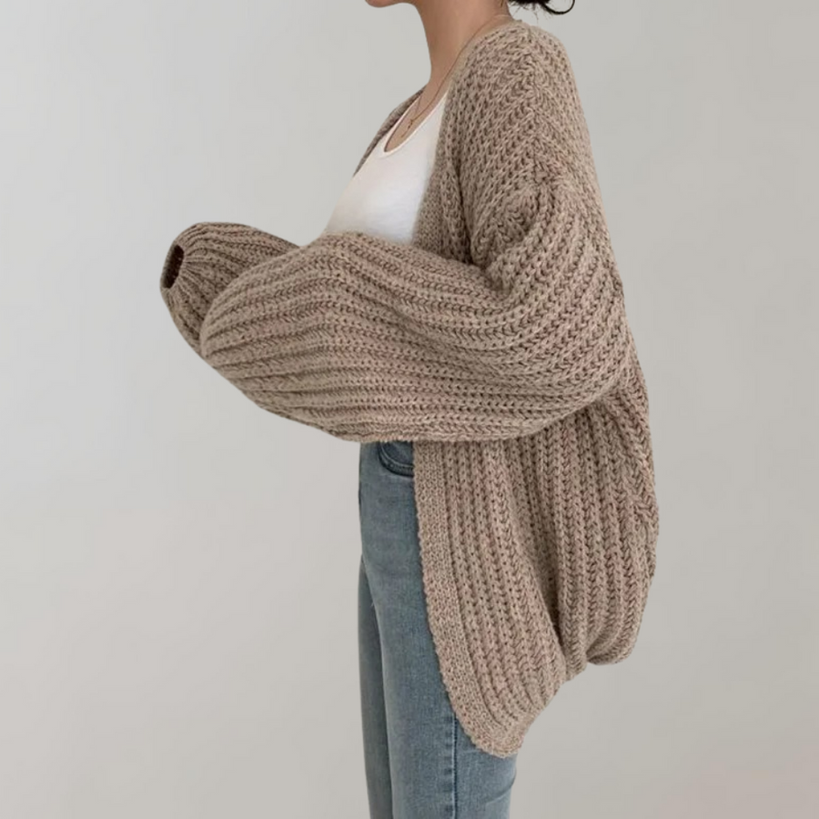 Women's chunky knit cardigan with an open front and oversized long sleeves