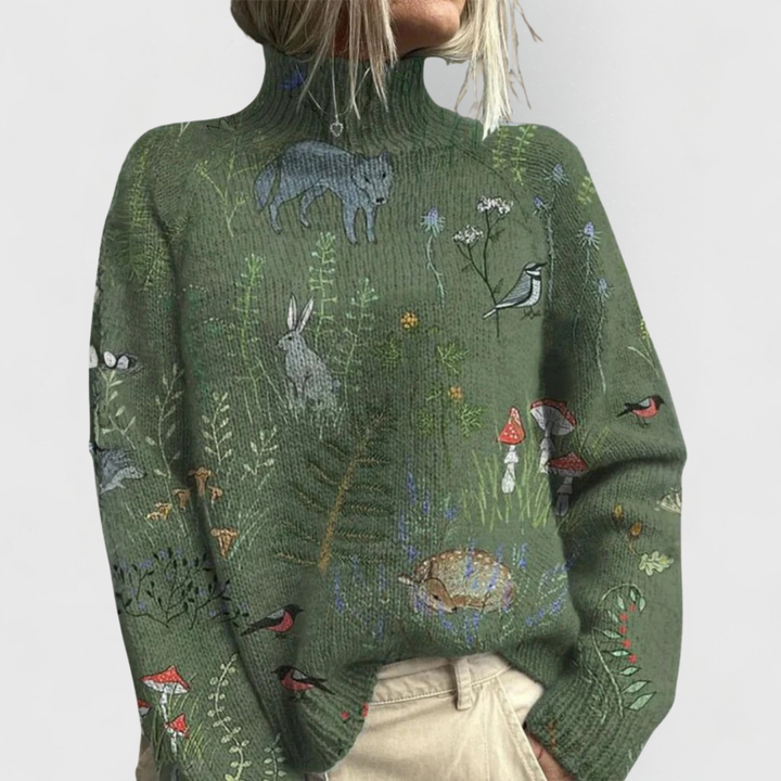Women's patterned relaxed fit turtleneck sweater with long sleeves and ribbed trims