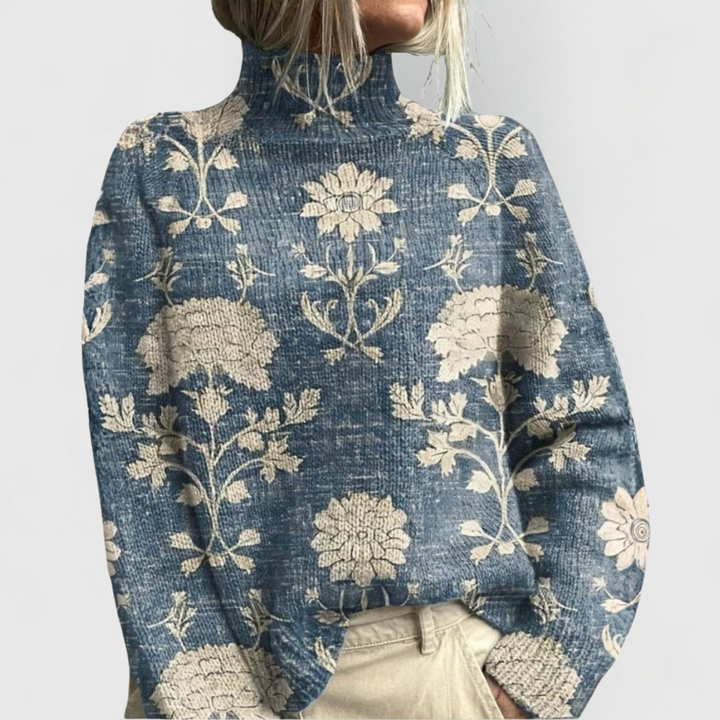 Women's patterned relaxed fit turtleneck sweater with long sleeves and ribbed trims