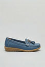 Women's slip-on tassel loafer with metal bit detail and low wedge sole