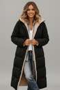 Women's longline quilted puffer coat with hood and fleece-look lining